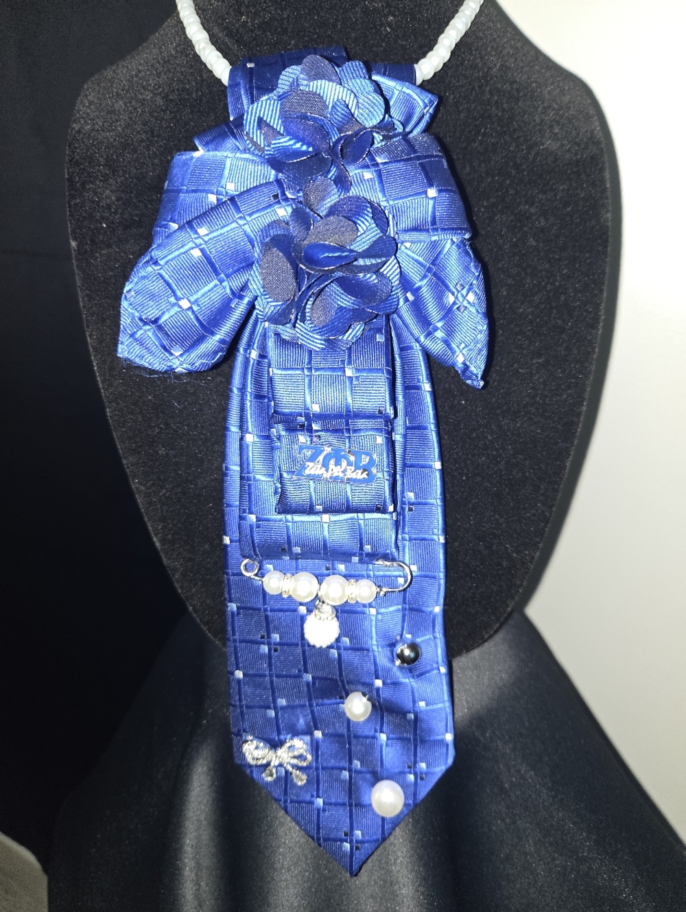 Blue Satin Woven Floral Tie Necklace